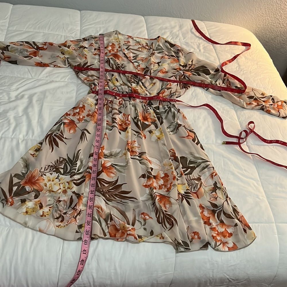 Enfocus Dress Size 14P V Neck Floral Long Sleeve Sheer Lined Skirt Elastic Waist - Picture 11 of 11